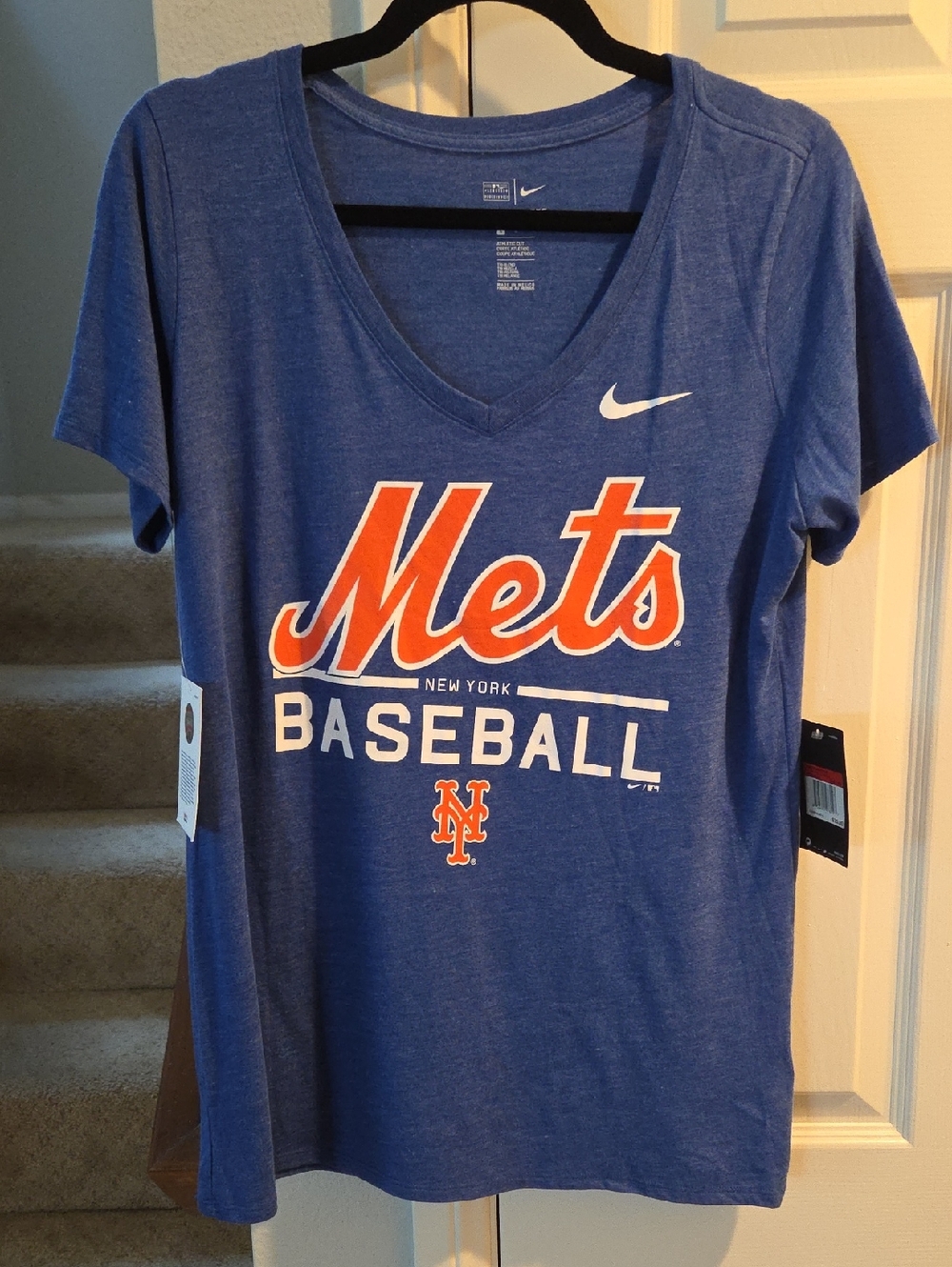 New Womens Nike Royal Blue  Orange Mets Baseball NY MLB V-Neck T Shirt L